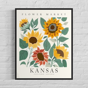Impresión artística de la flor del estado de Kansas, mercado de flores de Kansas, arte mural de girasoles de los años 60, obra de arte botánica en tonos pastel neutros
