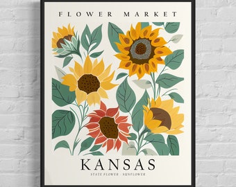 Kansas State Flower, Kansas Flower Market Art Print, Sunflower 1960's Wall Art , Neutral Botanical Pastel Artwork