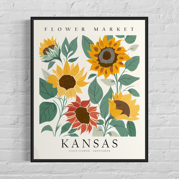 Flor del estado de Kansas, impresión de arte del mercado de flores de Kansas, arte de pared de girasol de la década de 1960, arte pastel botánico neutro