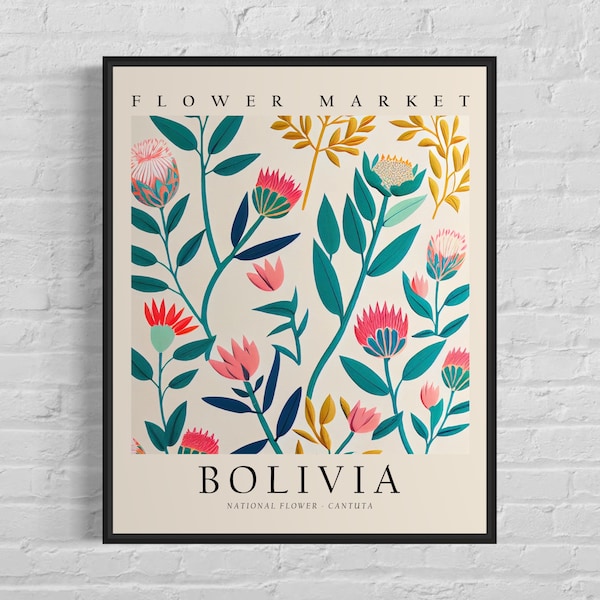 Bolivien Nationalblume, Bolivien Blumenmarkt Kunstdruck, Cantuta 1960's Wall Art, Neutral Botanisches Pastell Kunstwerk