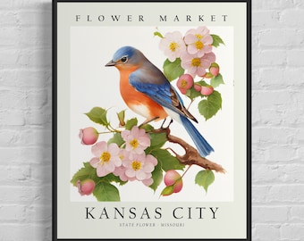 Kansas City Missouri Flower Market Art Print, Kansas City Flower Wall Art, Kansas City Botanical Pastel Artwork