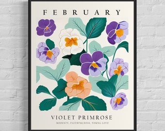February Flower Month Art Print, Month Flower Market Poster, Violet Primrose 1960's Wall Art , Neutral Pastel Artwork