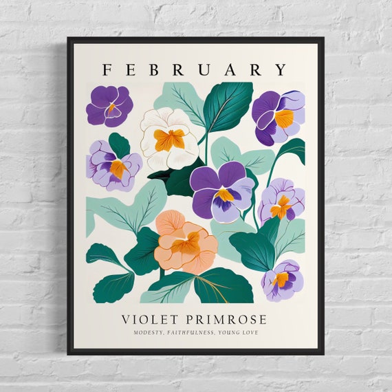 February Flower Month Art Print, Month Flower Market Poster, Violet Primrose 1960's Wall Art , Neutral Pastel Artwork