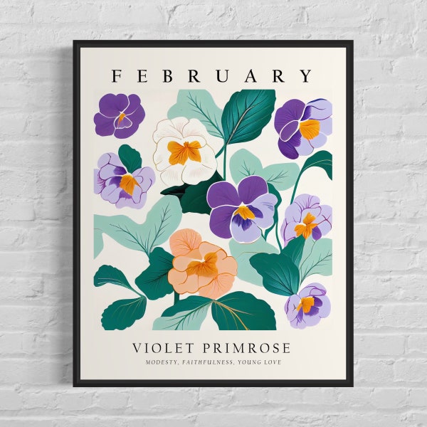 Februar Blumenmonat Kunstdruck, Monat Blumenmarkt Poster, Violet Primrose 1960er Wandkunst, Neutrale Pastell Kunstwerk