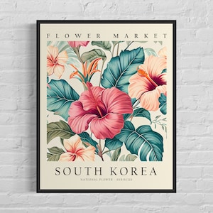South Korea National Flower, South Korea Flower Market Art Print, Hibiscus 1960&#39;s Wall Art , Neutral Botanical Pastel Artwork