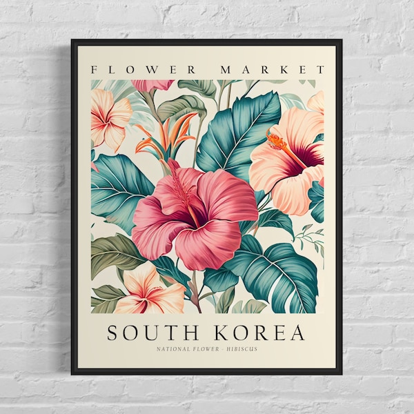 South Korea National Flower, South Korea Flower Market Art Print, Hibiscus 1960's Wall Art , Neutral Botanical Pastel Artwork