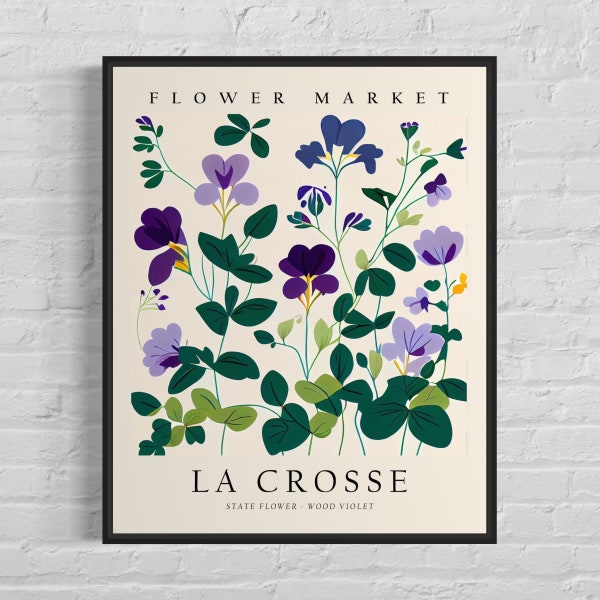 La Crosse Wisconsin Flower Market Art Print, La Crosse Flower Wall Art, Wood Violet Botanical Pastel Artwork