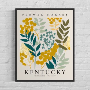 Impresión artística de la flor del estado de Kentucky, mercado de flores de Kentucky, arte mural de la década de 1960 en vara de oro, obra de arte botánica en tonos pastel neutros