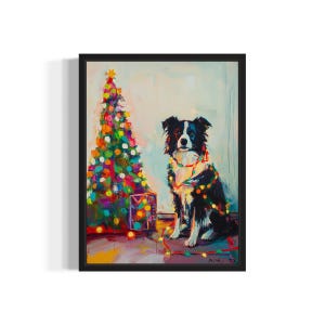 Collie Dog Tangled in Christmas Lights Poster Art Print, Animals Wall Art Painting Decor, Holiday Season Xmas Posters