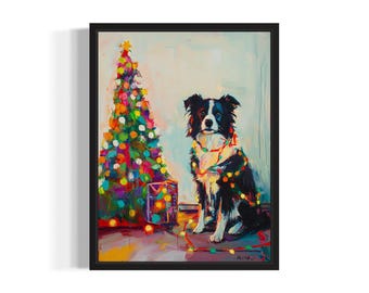 Collie Hund Verheddern in Weihnachtslichter Poster Kunstdruck, Tiere Wand Kunst Malerei Dekor, Ferien Saison Weihnachtsposter