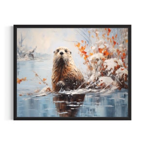 Sea Otter Poster Art Print, Winter Scenery Artwork Wall Art Painting