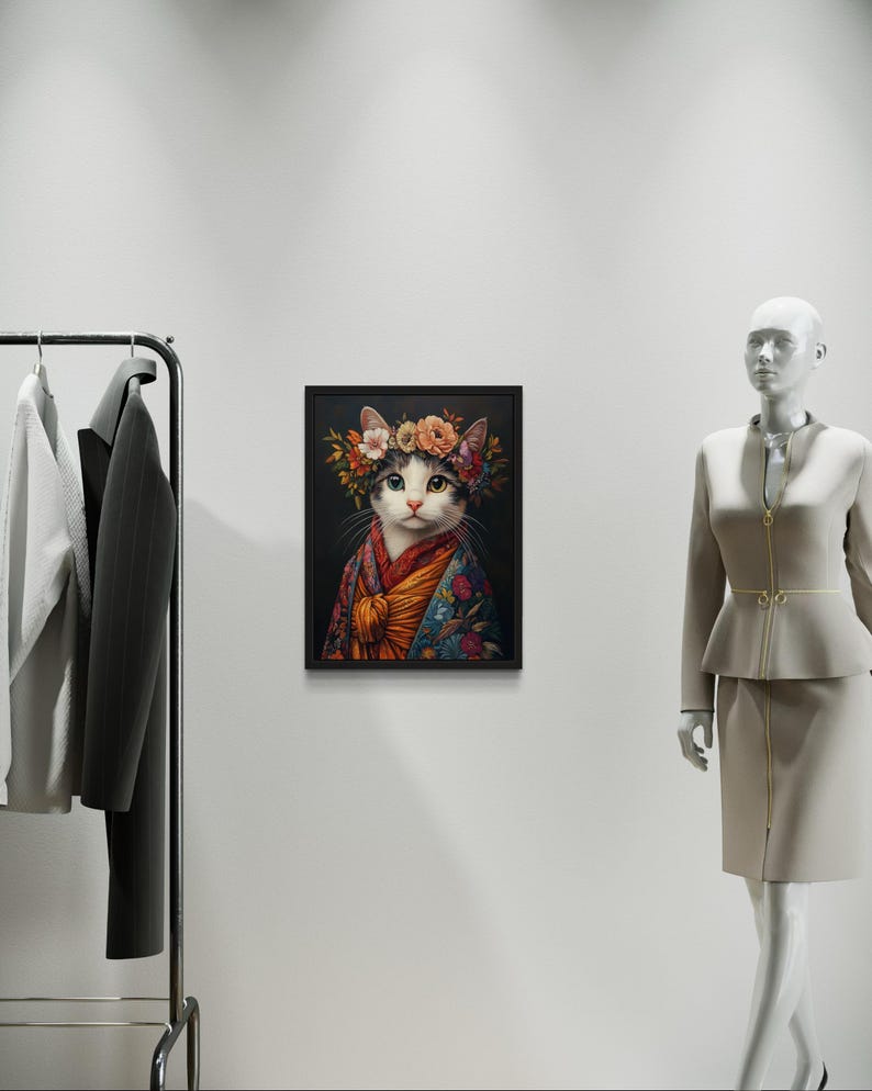 Cat Poster Art Print, Animal Flowers in Kimono Wall Art Decor Painting