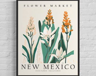 Fiore dello Stato del New Mexico, Stampa artistica del mercato dei fiori del New Mexico, Yucca Flower Arte murale anni '60, Opera d'arte botanica pastello neutra