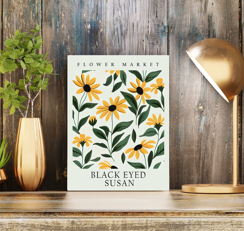 May include: A light green card with a floral pattern of black-eyed susans. The text "FLOWER MARKET" is at the top and "BLACK EYED SUSAN" is at the bottom.