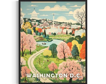 May include: A vintage travel poster featuring a colorful illustration of Washington D.C. with the Capitol Building, the Washington Monument, and cherry blossoms in bloom. The text "WASHINGTON D.C." is at the bottom of the poster.
