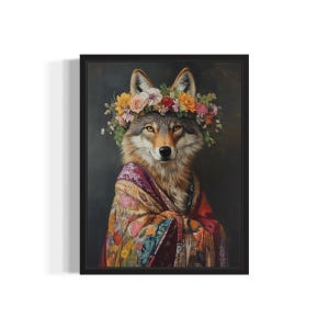 Plakat z nadrukiem artystycznym Coyote, kwiaty zwierząt w kimonie, dekoracja ścienna, obraz