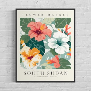 South Sudan Flower Market Art Print, South Sudan Flower, Hibiscus Wall Art, Botanical Pastel Artwork