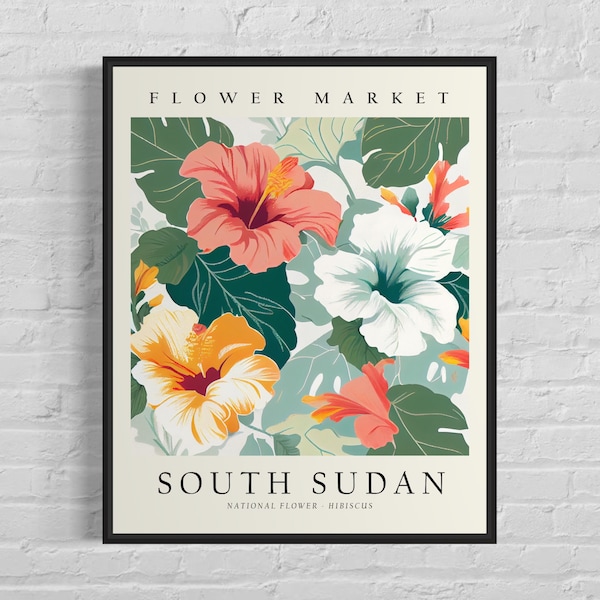 Zuid-Soedan bloemenmarkt Art Print, Zuid-Soedan bloem, Hibiscus kunst aan de muur, botanische pastel artwork