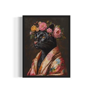Panther Poster Art Print, Animal Flowers in Kimono Wall Art Decor Painting Artwork
