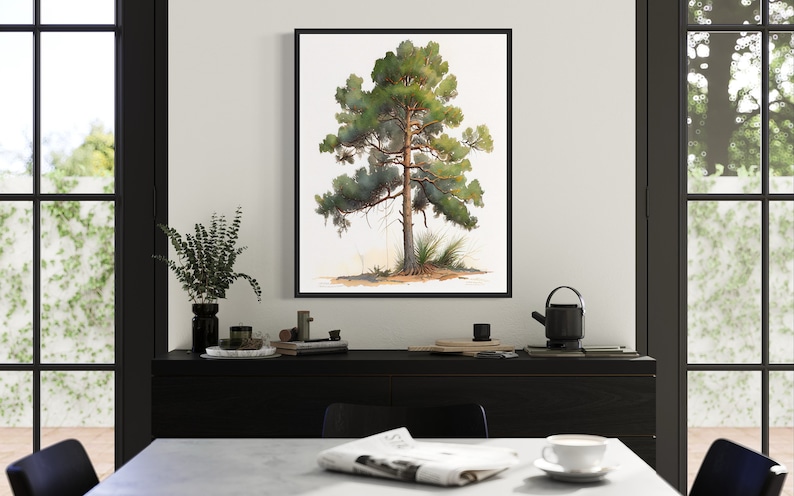 May include: A framed botanical illustration of a green pine tree with a brown trunk and branches. The tree is set against a white background.