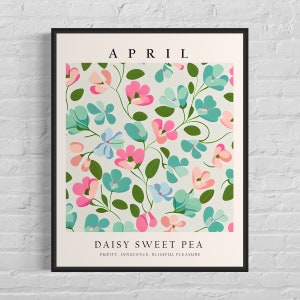 Kunstprint bloemenmaand april, poster bloemenmarkt maand, Daisy Sweet Pea 1960's muurkunst, neutraal pastelkunstwerk
