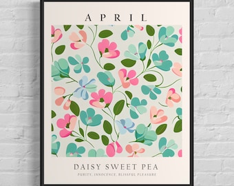 April Flower Month Art Print, Month Flower Market Poster, Daisy Sweet Pea 1960's Wall Art , Neutral Pastel Artwork
