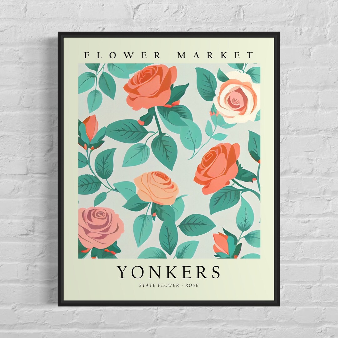 Yonkers New York Flower Market Art Print, Yonkers City Poster, Rose Wall Art, Botanical Pastel