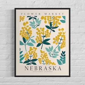 Nebraska State Flower, Nebraska Flower Market Art Print, Goldenrod 1960's Wall Art , Neutral Botanical Pastel Artwork