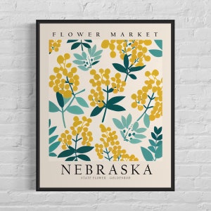 Impresión artística de la flor del estado de Nebraska, mercado de flores de Nebraska, arte mural de la década de 1960 en tonos dorados, obra de arte botánica en tonos pastel neutros
