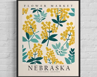 Nebraska State Flower, Nebraska Flower Market Art Print, Goldenrod 1960's Wall Art , Neutral Botanical Pastel Artwork