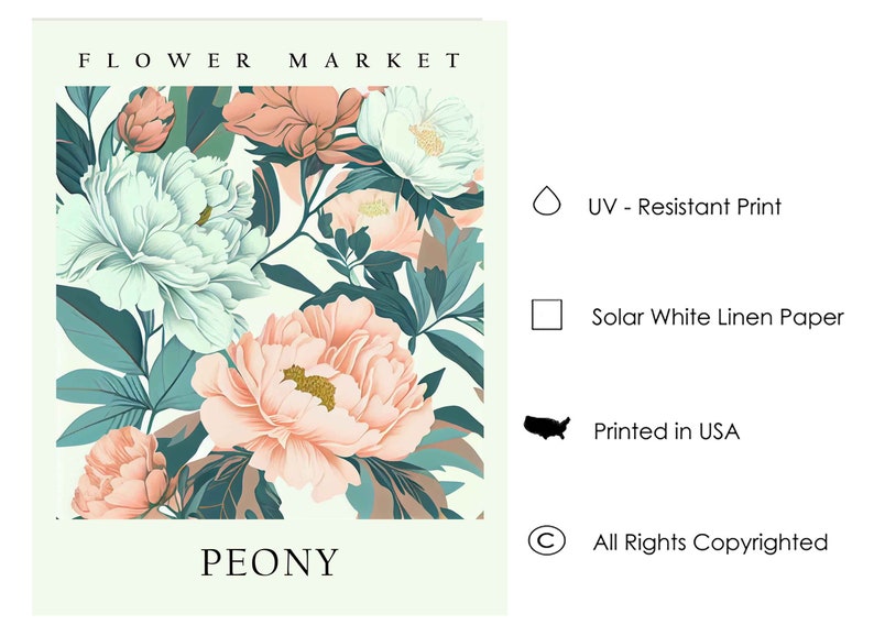 Może przedstawiać: Druk kwiatowy przedstawiający r&oacute;żowe i zielone piwonie na białym tle. Druk jest oznaczony jako "FLOWER MARKET PEONY" i zawiera informacje o druku, takie jak atrament odporny na promieniowanie UV, papier lniany w kolorze białym i druk w USA.