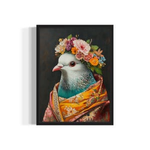 Pigeon Poster Art Print, Animal Flowers in Kimono Wall Art Decor Painting Artwork Bedroom Decor