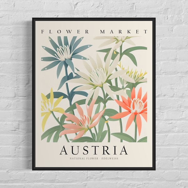 Austria National Flower, Austria Flower Market Art Print, Edelweiss 1960's Wall Art , Neutral Botanical Pastel Artwork