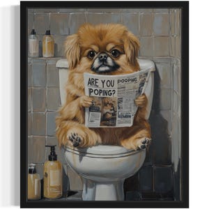 Pekingese Retriever on Toilet Poster Art Print, Dog Restroom Humor Wall Art Decor, Dog Lover, Pet Bathroom Decor