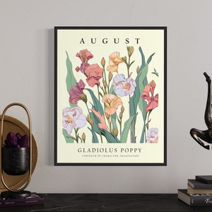 August Flower Month Art Print, Month Flower Market Poster, Gladiolus Poppy 1960's Wall Art , Neutral Pastel Artwork image 5