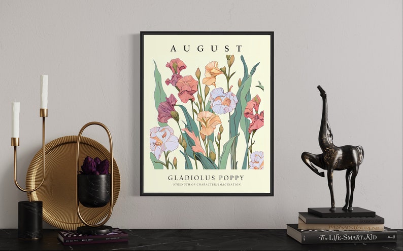 August Flower Month Art Print, Month Flower Market Poster, Gladiolus Poppy 1960's Wall Art , Neutral Pastel Artwork image 5