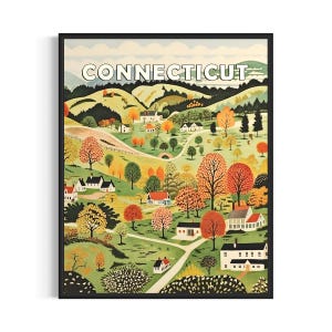 Connecticut and Motto Landscape Scenery Poster Art Print, American Folk Art Wall Art Decor, Naive Painting Gifts