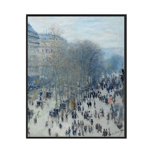 May include: A painting depicting a bustling Parisian street scene, featuring pedestrians and horse-drawn carriages. The buildings are in the background, and the sky is a pale blue. The painting is presented in a black frame.