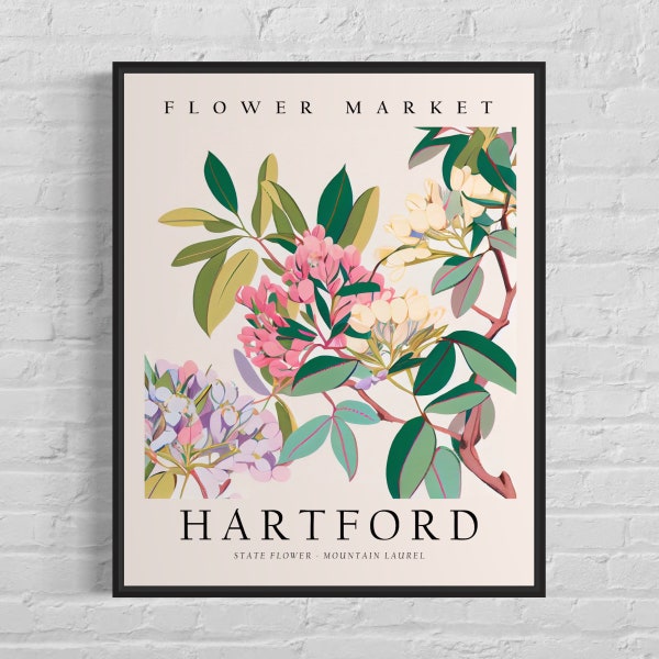 Hartford Connecticut Flower Market Art Print, Hartford Flower, Mountain Laurel Wall Art, Botanical Pastel Artwork