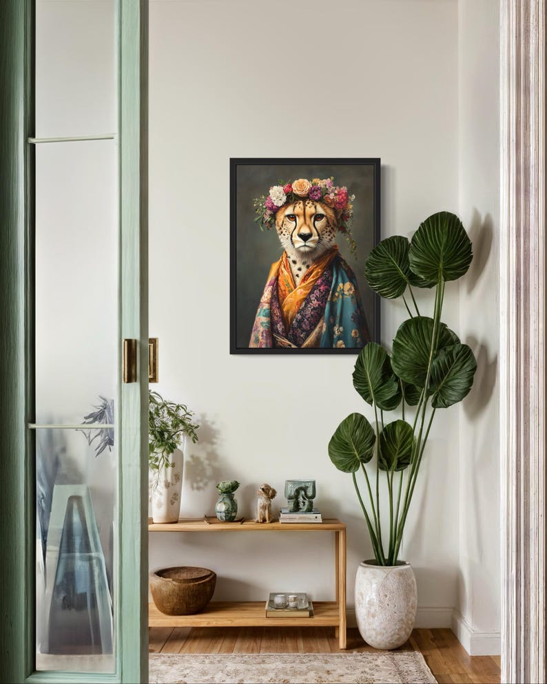 Cheetah Poster Art Print, Animal Flowers in Kimono Wall Art Decor ...