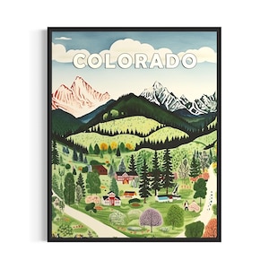 Colorado and Motto Landscape Scenery Poster Art Print, American Folk Art Wall Art Decor, Naive Painting Gifts