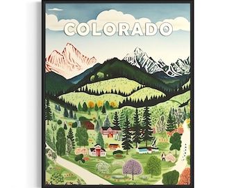 Póster artístico con paisaje de Colorado y Motto, decoración de pared con arte popular estadounidense, regalos de pintura ingenua