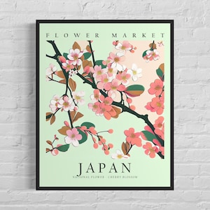 Japan National Flower, Japan Flower Market Art Print, Cherry Blossom 1960's Wall Art , Neutral Botanical Pastel Artwork