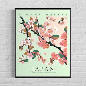 日本の国花、日本の花市場のアートプリント、1960 年代の桜の壁アート、ニュートラルな植物のパステルアート作品