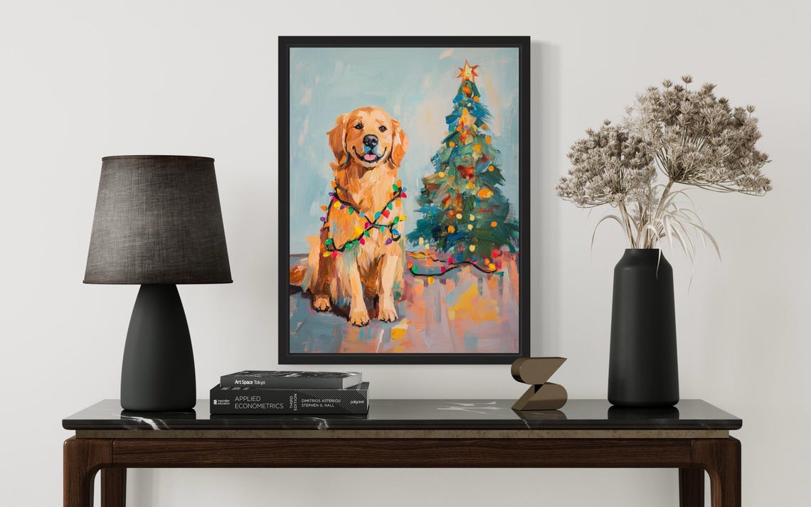Golden Retriever Dog Tangled in Christmas Lights Poster Art Print ...
