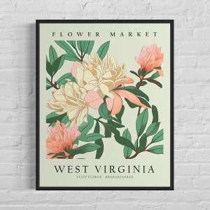 Impresión artística de flor del estado de Virginia Occidental, mercado de flores, arte mural de rododendro de los años 60, obra de arte botánica en tonos pastel neutros
