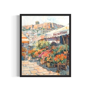 Heraklion Greece Flower Market Poster Art Print, Neutral Botanical Pastel Artwork Wall Art Painting Bedroom, Restroom Decor
