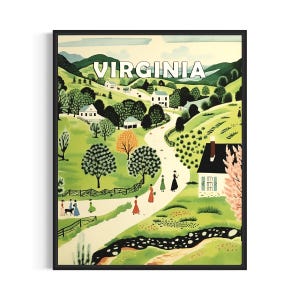 Virginia and Motto Landscape Scenery Poster Art Print, American Folk Art Wall Art Decor, Naive Painting Gifts