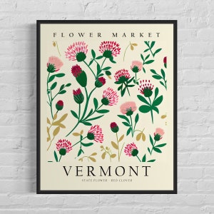 Vermont State Flower, Vermont Flower Market Art Print, Red Clover 1960's Wall Art , Neutral Botanical Pastel Artwork