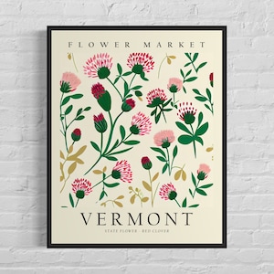 Impresión artística de la flor del estado de Vermont, mercado de flores de Vermont, arte mural de trébol rojo de los años 60, obra de arte botánica en tonos pastel neutros